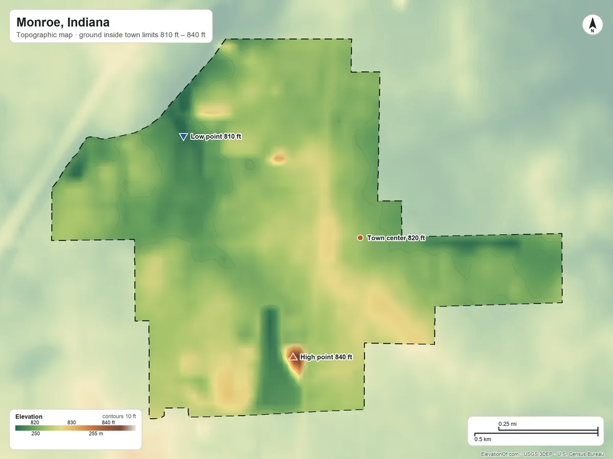 Topographic elevation map of Monroe, Indiana, shaded from 810 ft on the northwest side to 840 ft on the southwest side