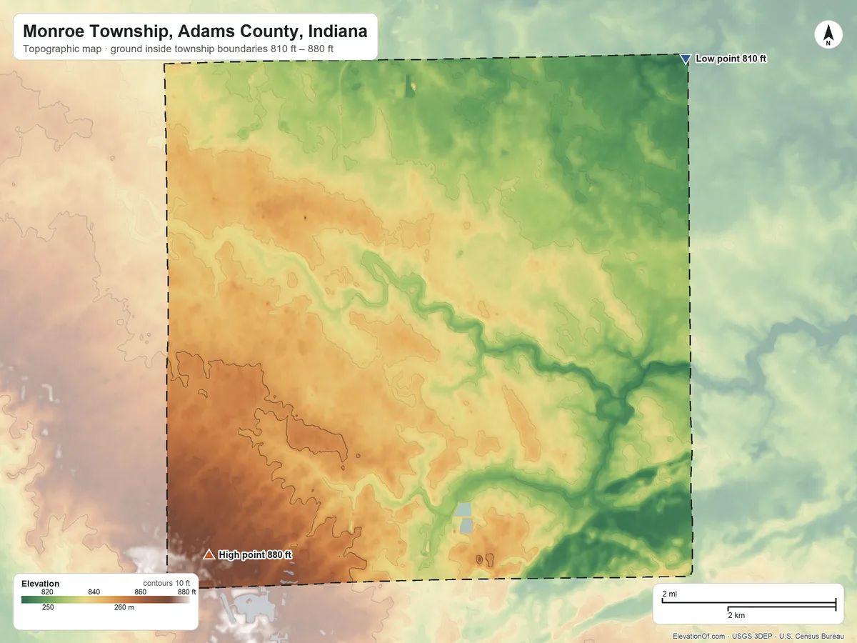 Topographic elevation map of Monroe Township, Adams County, Indiana, shaded from 810 ft on the northeast side to 880 ft on the southwest side