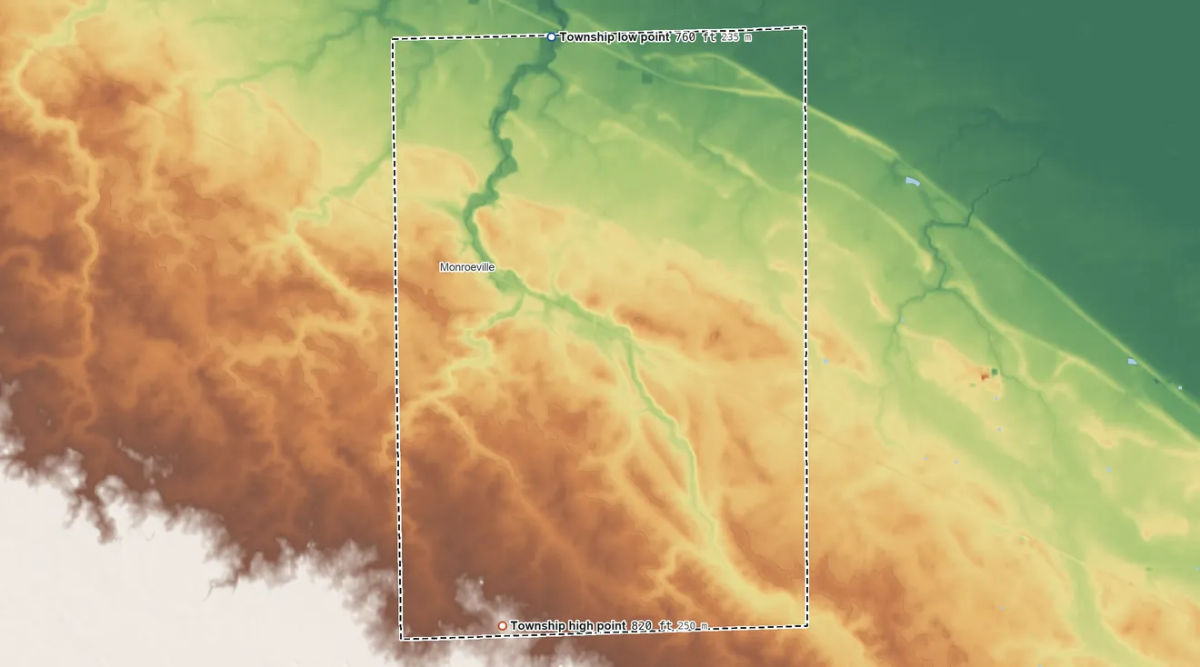 Topographic elevation map of Monroe Township, Allen County, Indiana, shaded from 760 ft on the north side to 820 ft on the south side