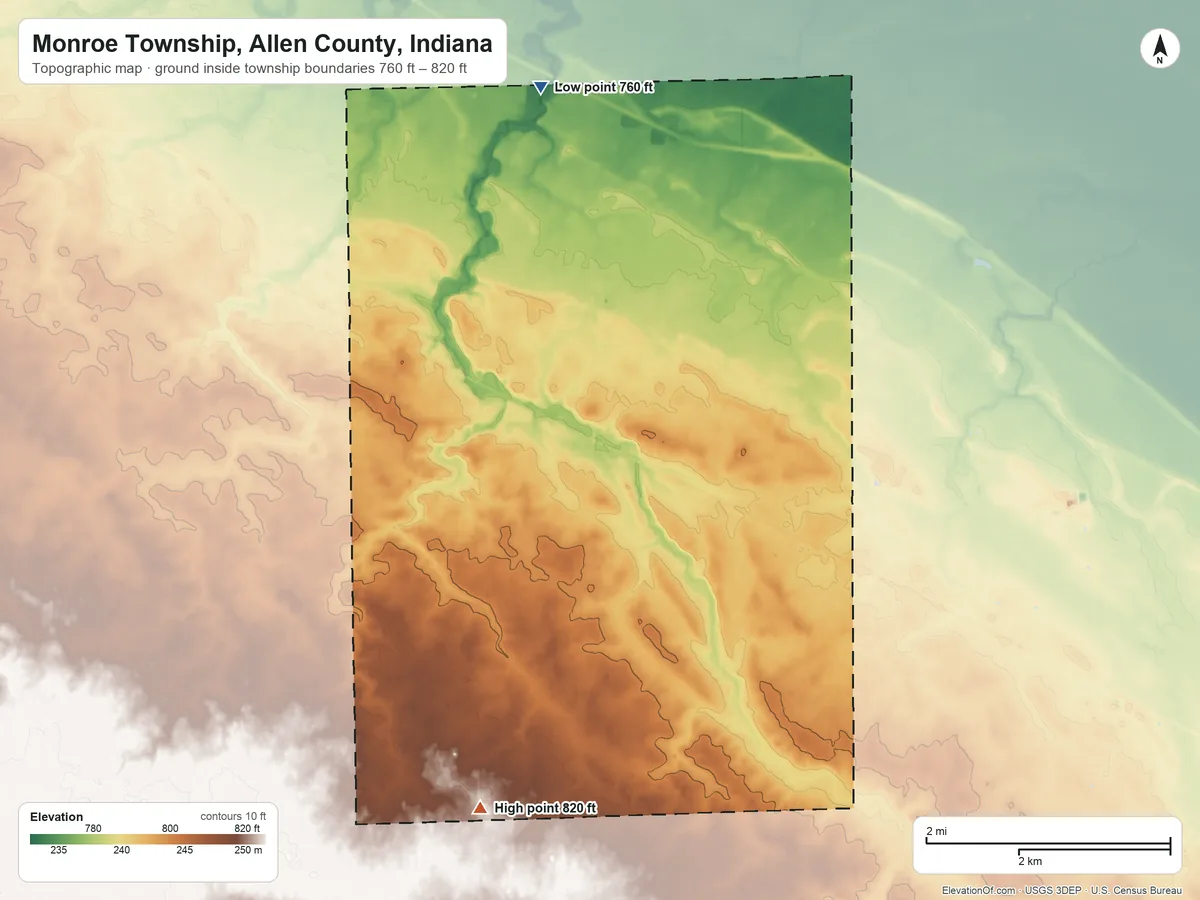 Topographic elevation map of Monroe Township, Allen County, Indiana, shaded from 760 ft on the north side to 820 ft on the south side