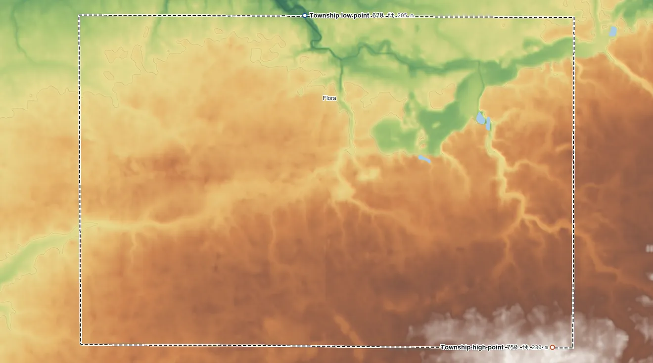 Topographic elevation map of Monroe Township, Carroll County, Indiana, shaded from 670 ft on the north side to 750 ft on the southeast side