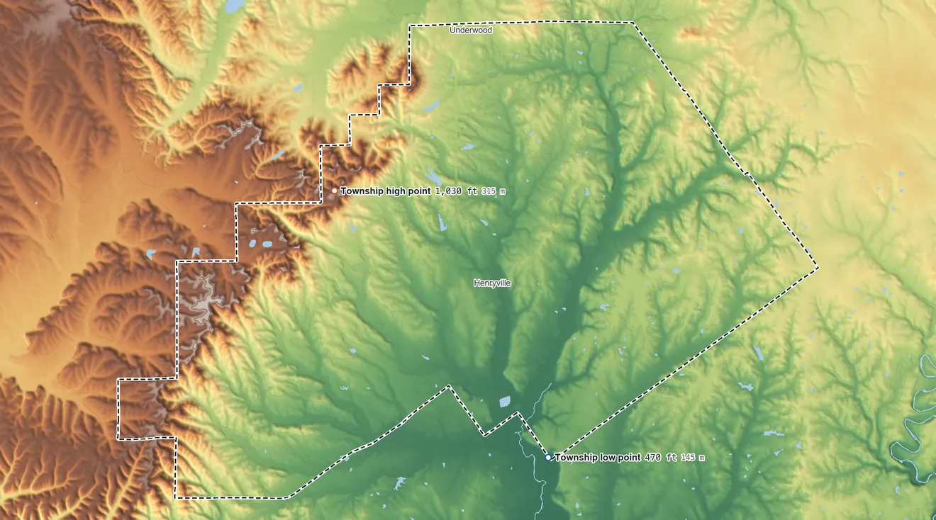Topographic elevation map of Monroe Township, Clark County, Indiana, shaded from 470 ft on the south side to 1,030 ft on Silver Hills