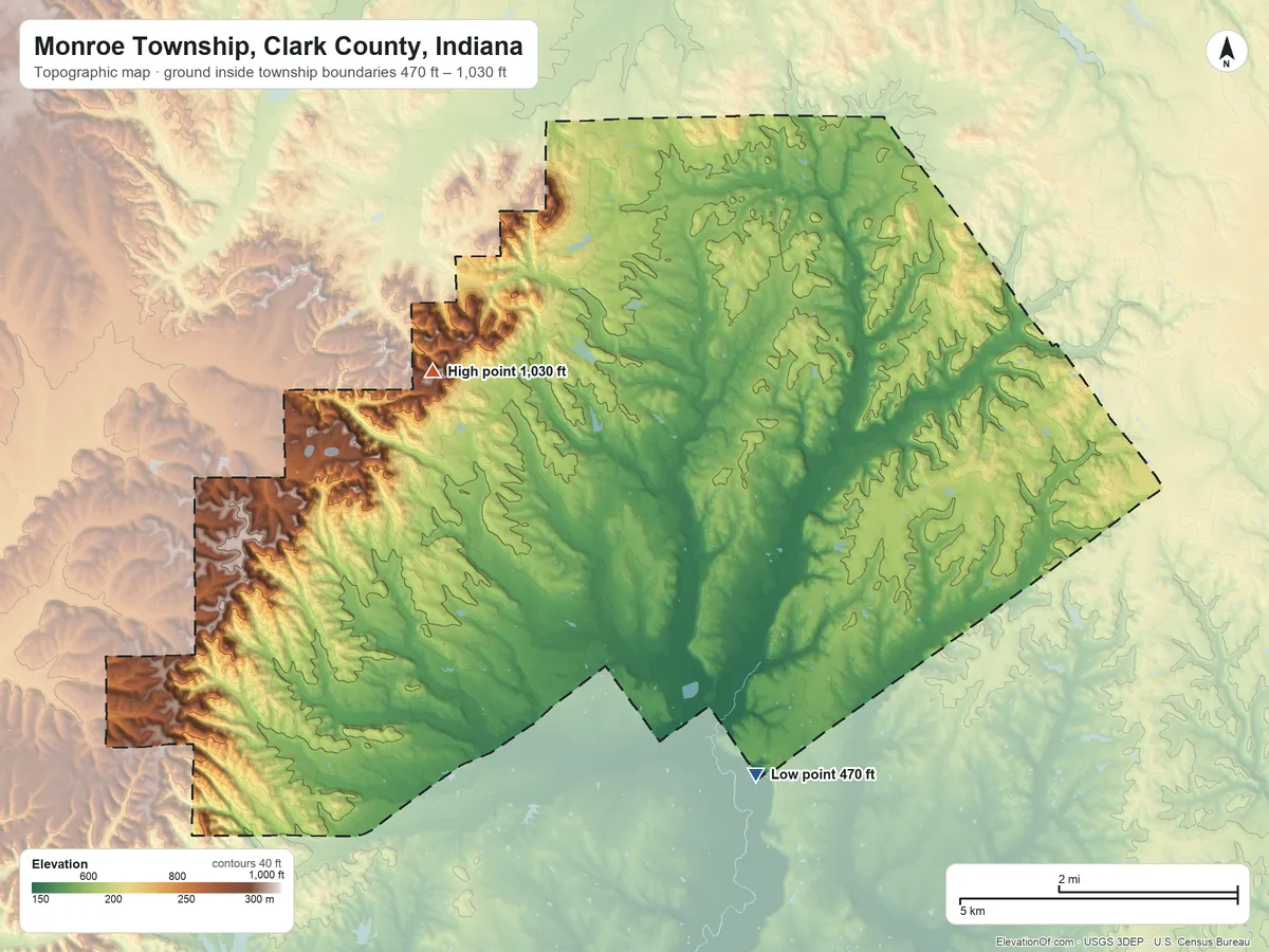 Topographic elevation map of Monroe Township, Clark County, Indiana, shaded from 470 ft on the south side to 1,030 ft on Silver Hills