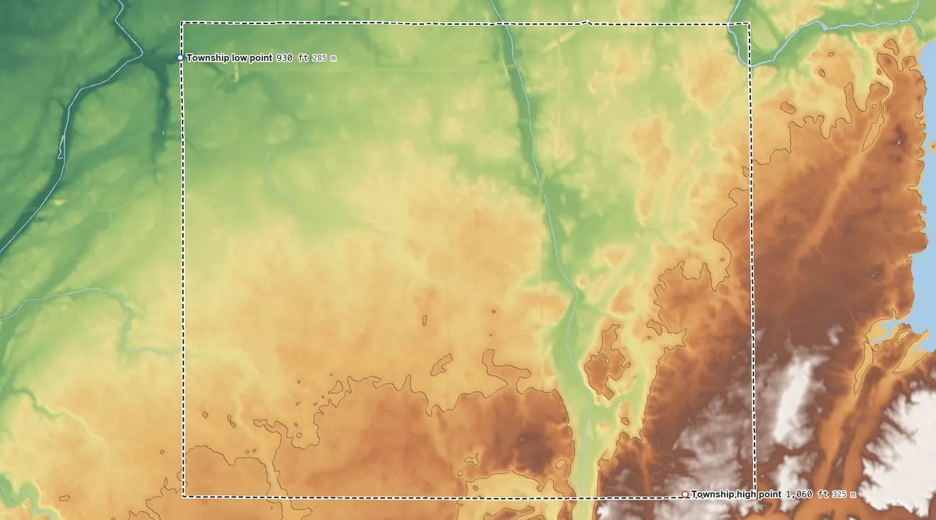 Topographic elevation map of Monroe Township, Delaware County, Indiana, shaded from 930 ft on the northwest side to 1,060 ft on the southeast side