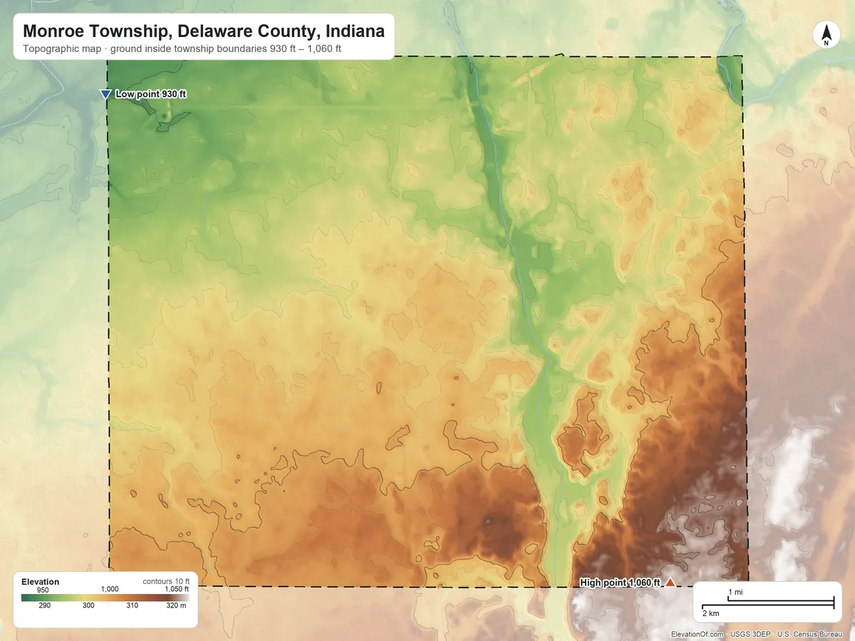Topographic elevation map of Monroe Township, Delaware County, Indiana, shaded from 930 ft on the northwest side to 1,060 ft on the southeast side