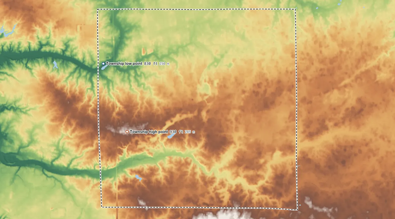 Topographic elevation map of Monroe Township, Grant County, Indiana, shaded from 830 ft on the northwest side to 930 ft on the west side