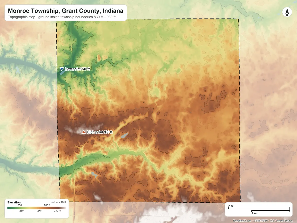 Topographic elevation map of Monroe Township, Grant County, Indiana, shaded from 830 ft on the northwest side to 930 ft on the west side