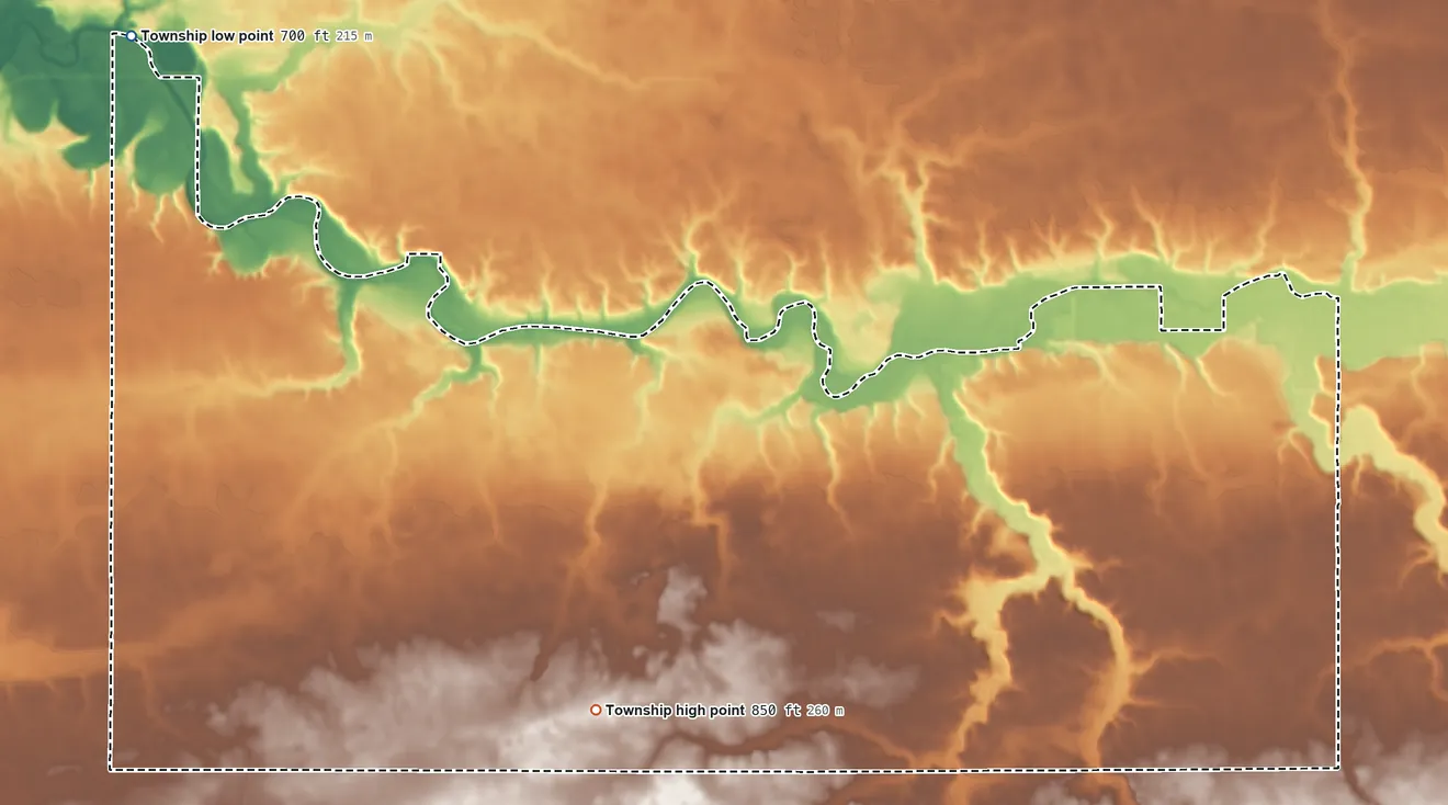 Topographic elevation map of Monroe Township, Howard County, Indiana, shaded from 700 ft on the northwest side to 850 ft on the southwest side