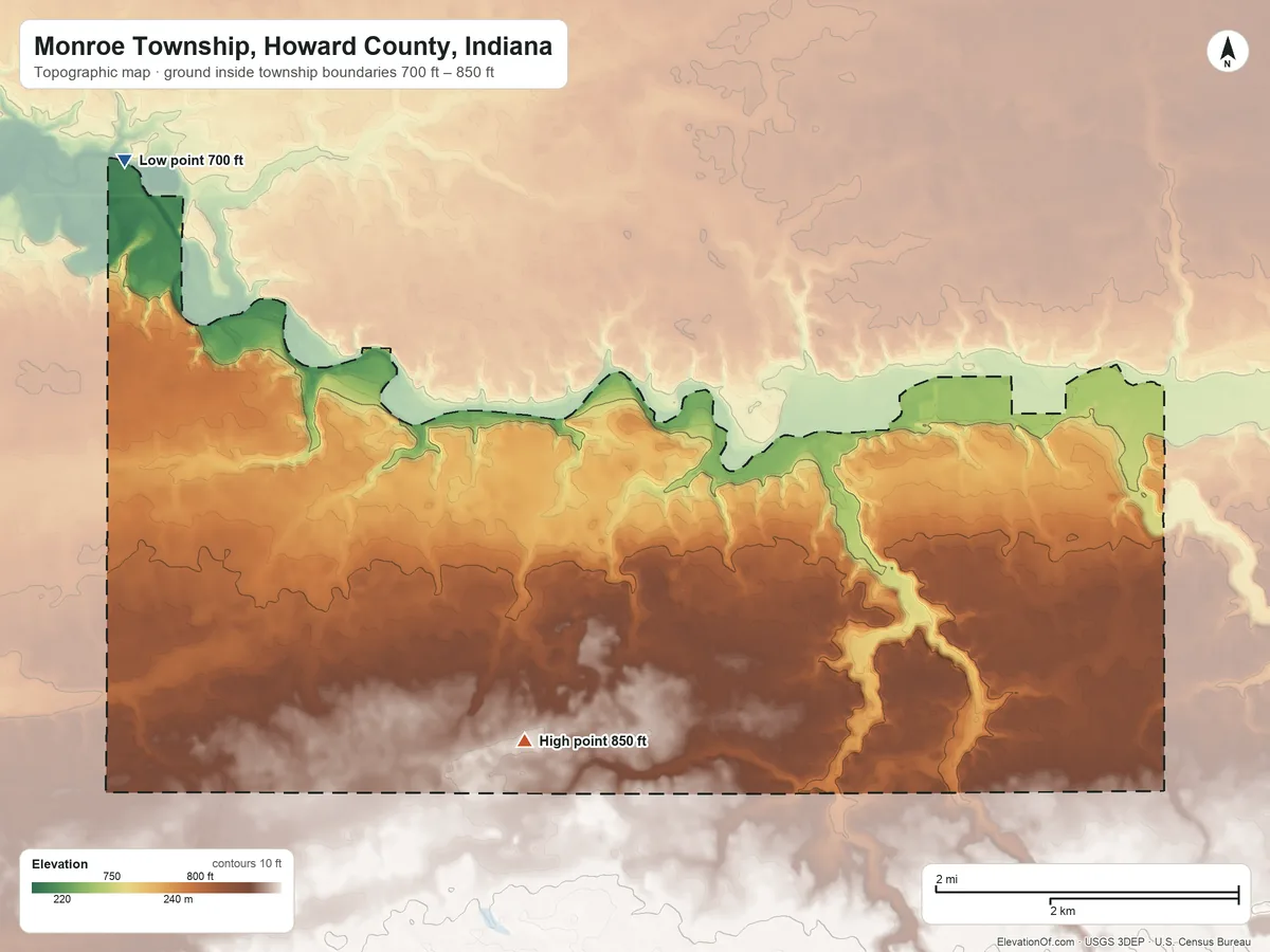 Topographic elevation map of Monroe Township, Howard County, Indiana, shaded from 700 ft on the northwest side to 850 ft on the southwest side