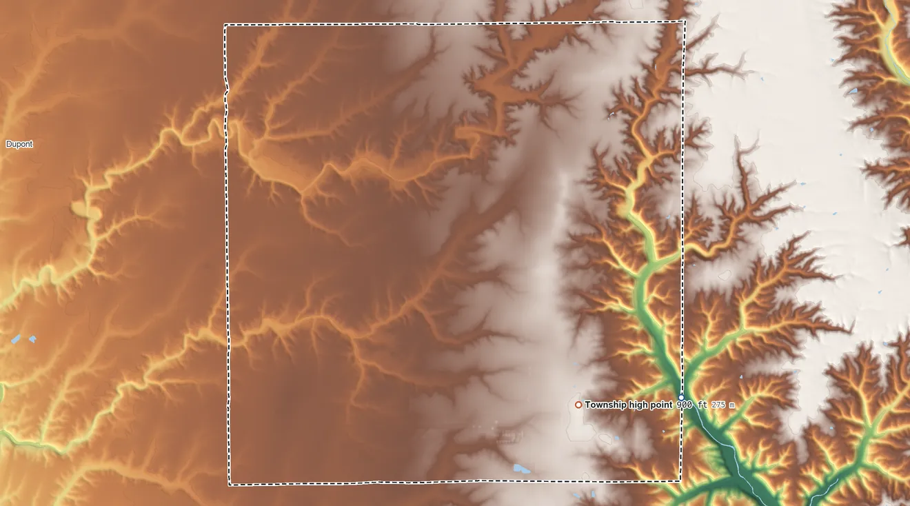 Topographic elevation map of Monroe Township, Jefferson County, Indiana, shaded from 600 ft on the southeast side to 900 ft on the south side