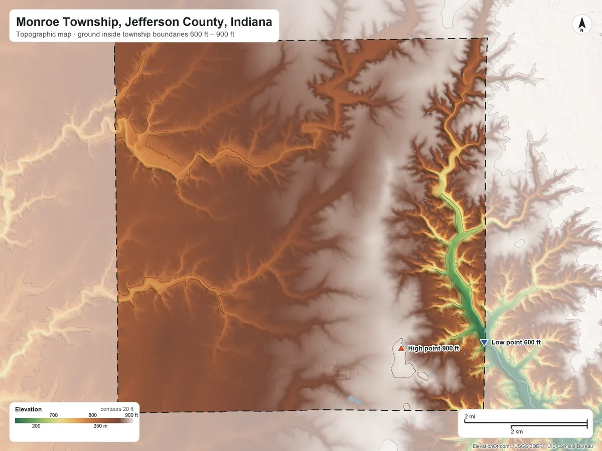 Topographic elevation map of Monroe Township, Jefferson County, Indiana, shaded from 600 ft on the southeast side to 900 ft on the south side