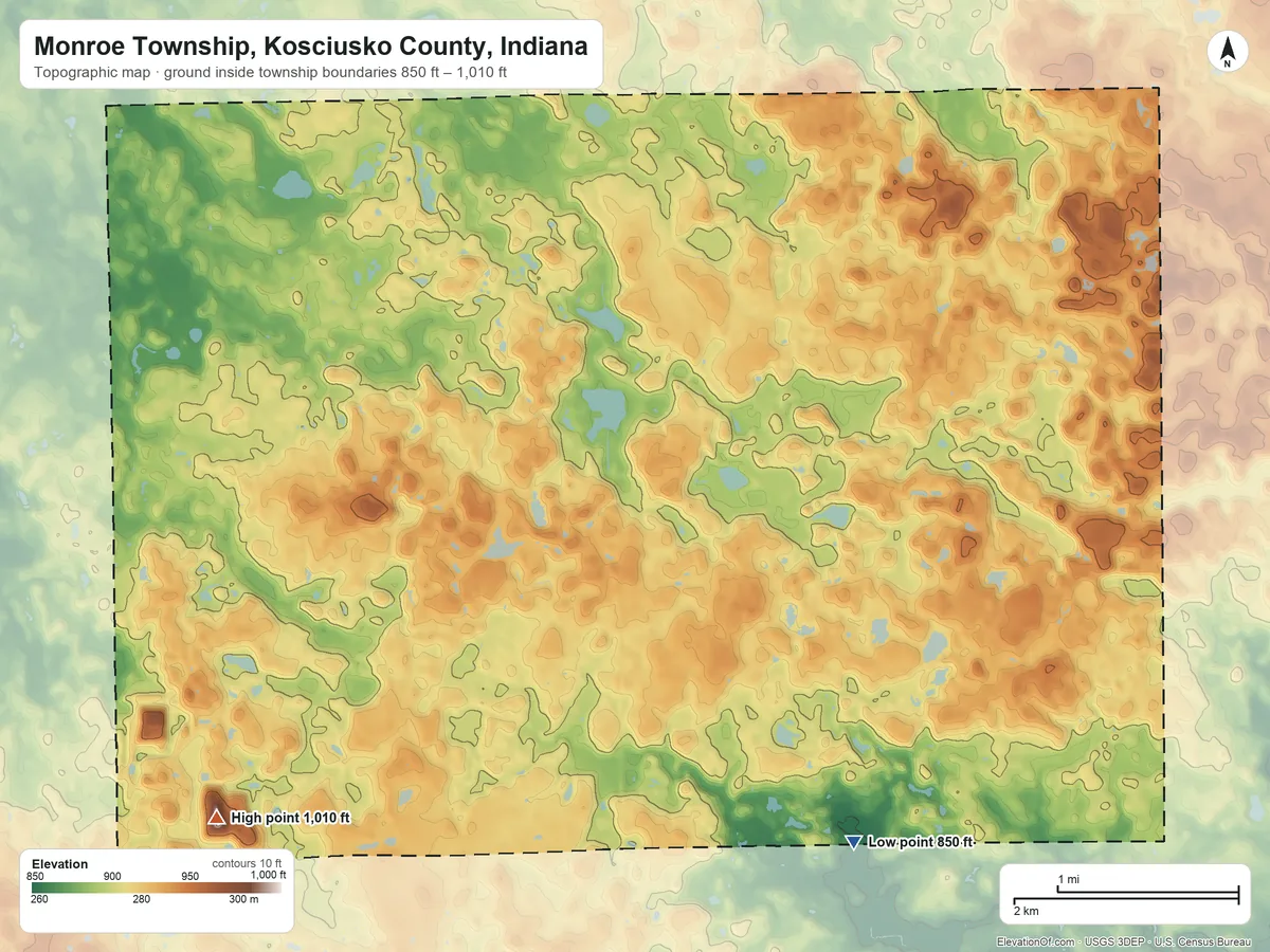 Topographic elevation map of Monroe Township, Kosciusko County, Indiana, shaded from 850 ft on the southeast side to 1,010 ft on the southwest side