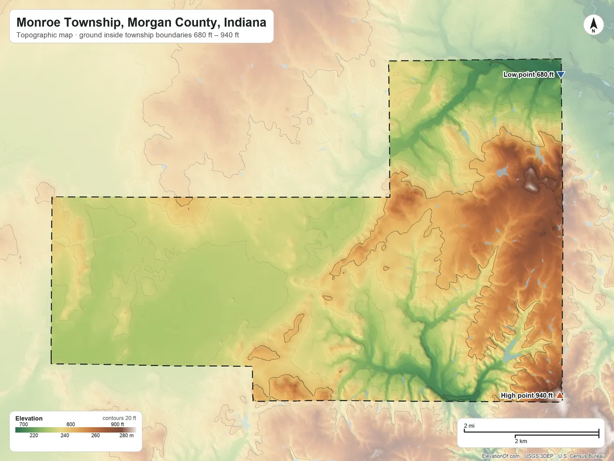 Topographic elevation map of Monroe Township, Morgan County, Indiana, shaded from 680 ft on the northeast side to 940 ft on the southeast side