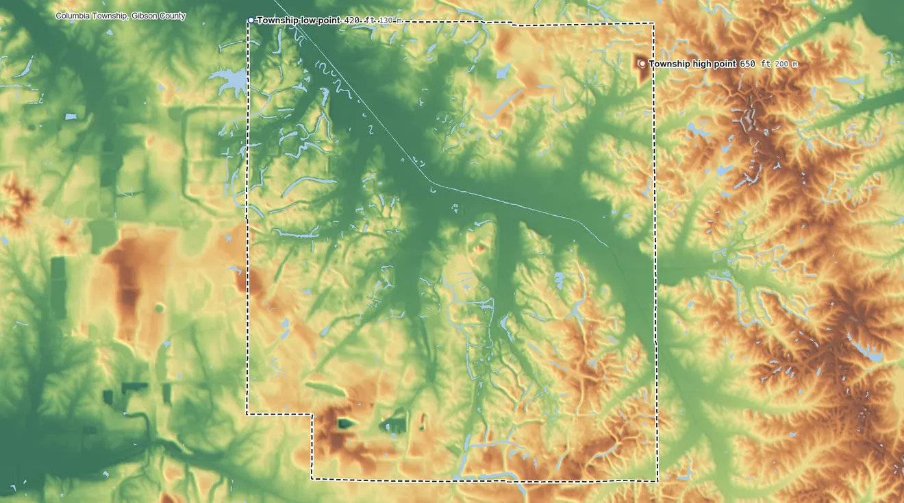 Topographic elevation map of Monroe Township, Pike County, Indiana, shaded from 420 ft on the northwest side to 650 ft on the northeast side