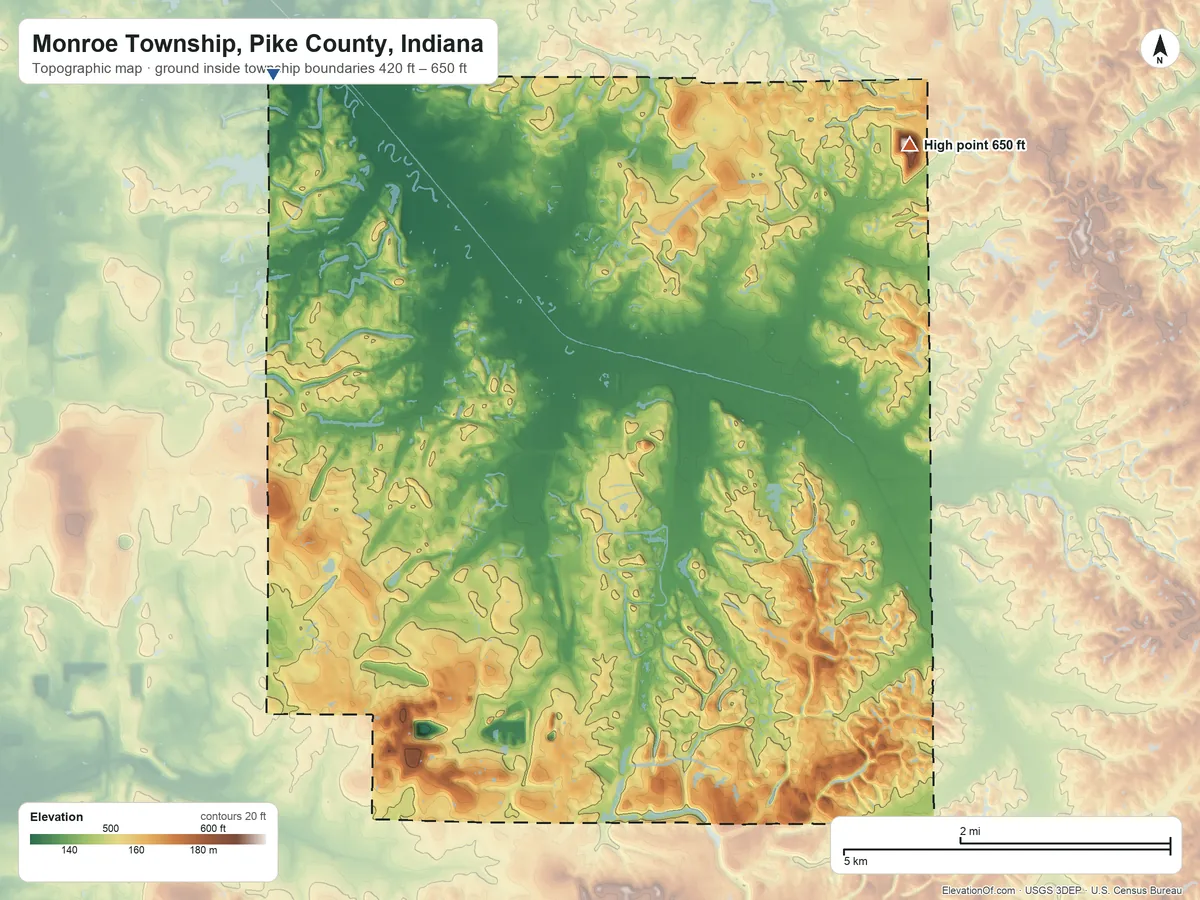 Topographic elevation map of Monroe Township, Pike County, Indiana, shaded from 420 ft on the northwest side to 650 ft on the northeast side