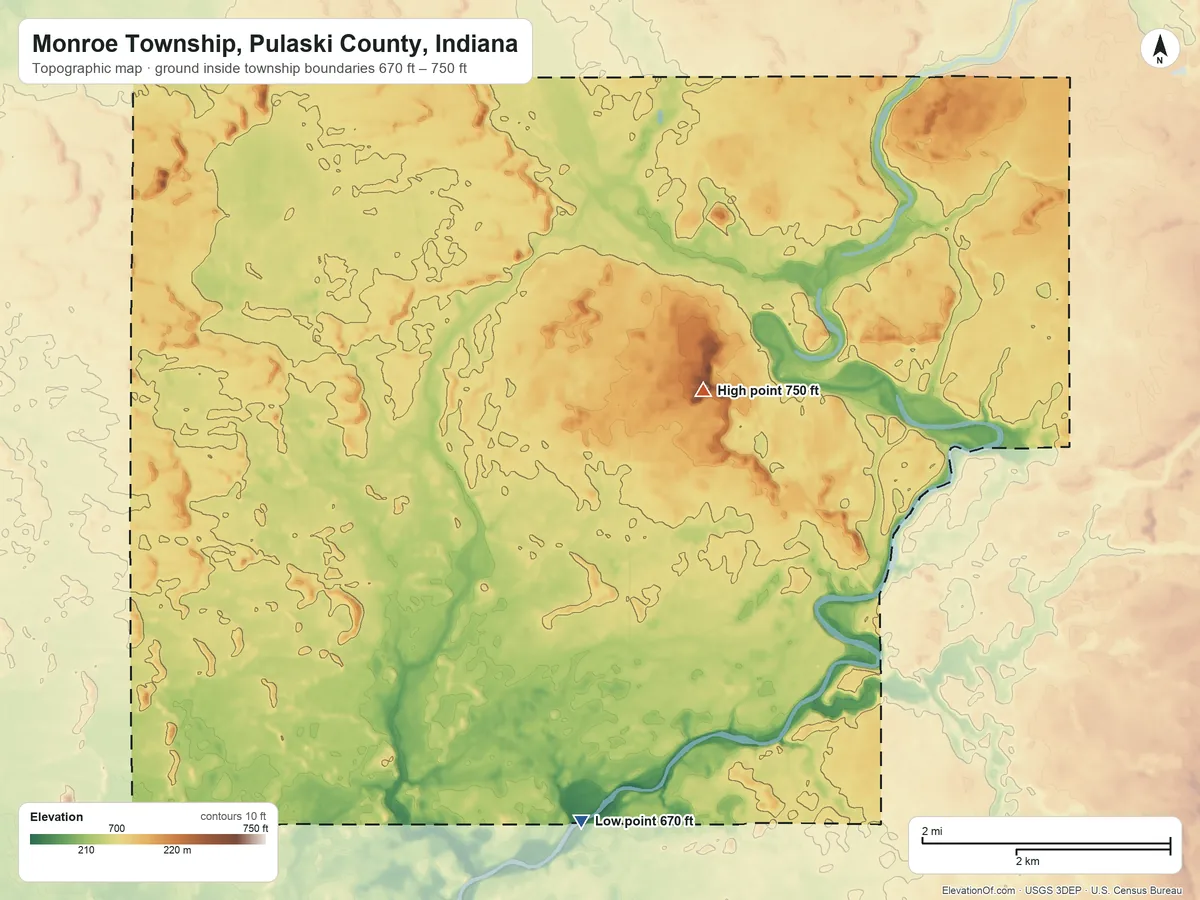 Topographic elevation map of Monroe Township, Pulaski County, Indiana, shaded from 670 ft on the south side to 750 ft near the middle