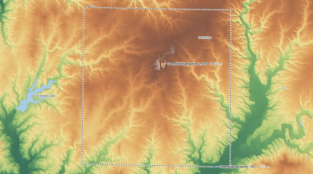 Topographic elevation map of Monroe Township, Putnam County, Indiana, shaded from 700 ft on the south side to 1,000 ft near the middle