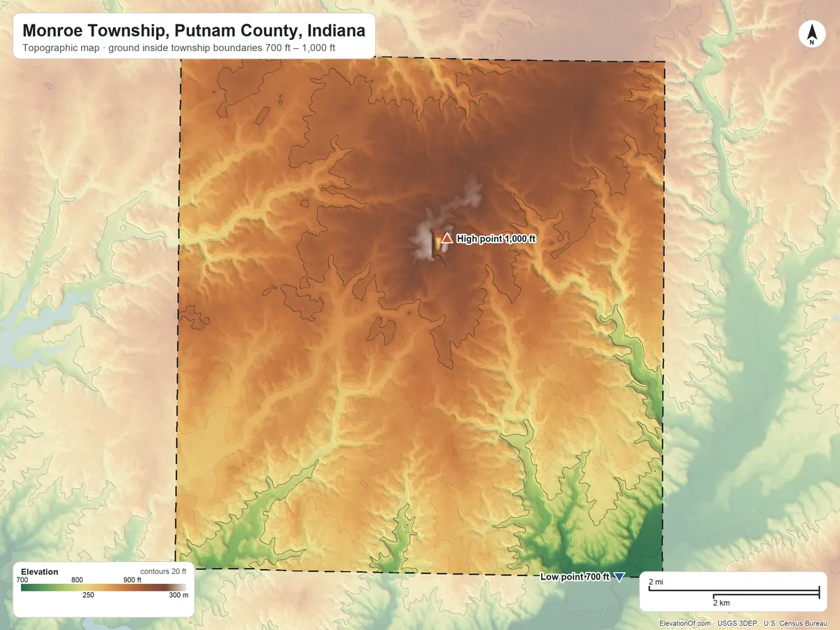 Topographic elevation map of Monroe Township, Putnam County, Indiana, shaded from 700 ft on the south side to 1,000 ft near the middle