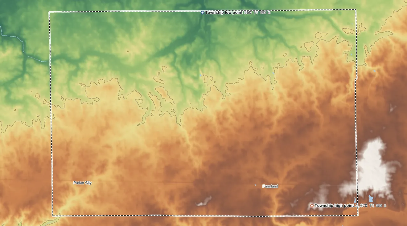Topographic elevation map of Monroe Township, Randolph County, Indiana, shaded from 960 ft on the north side to 1,070 ft on the east side