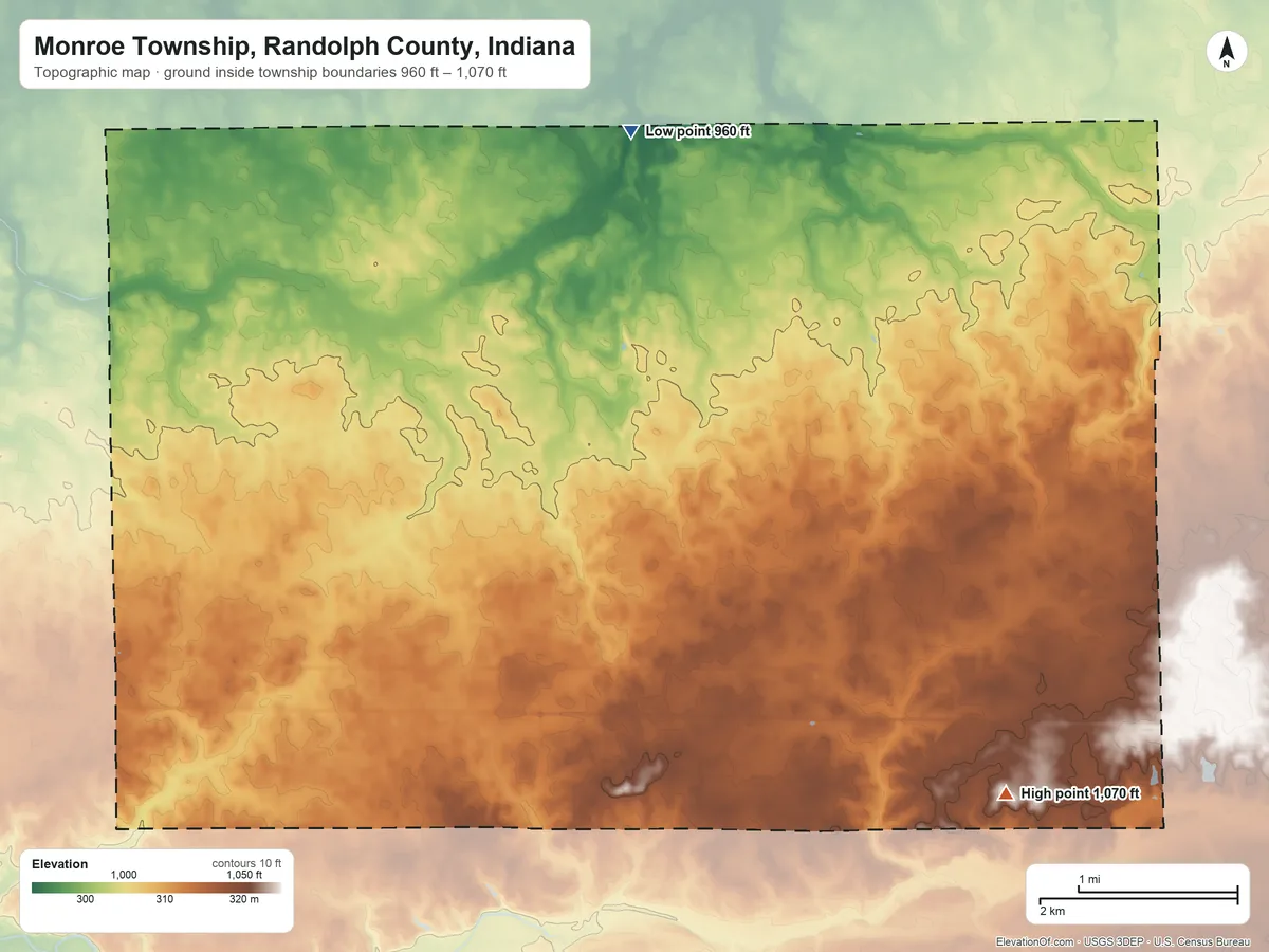 Topographic elevation map of Monroe Township, Randolph County, Indiana, shaded from 960 ft on the north side to 1,070 ft on the east side