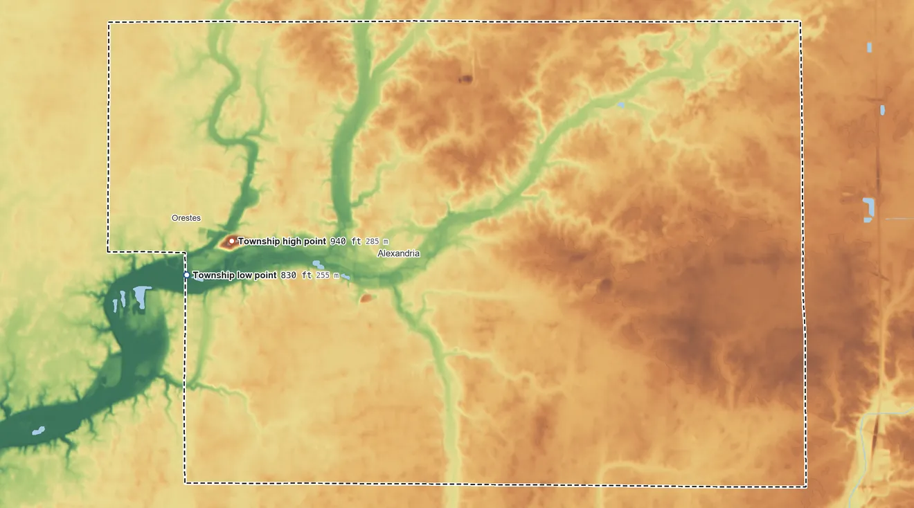 Topographic elevation map of Monroe Township, Indiana, shaded from 830 ft on the west side to 940 ft on the west side