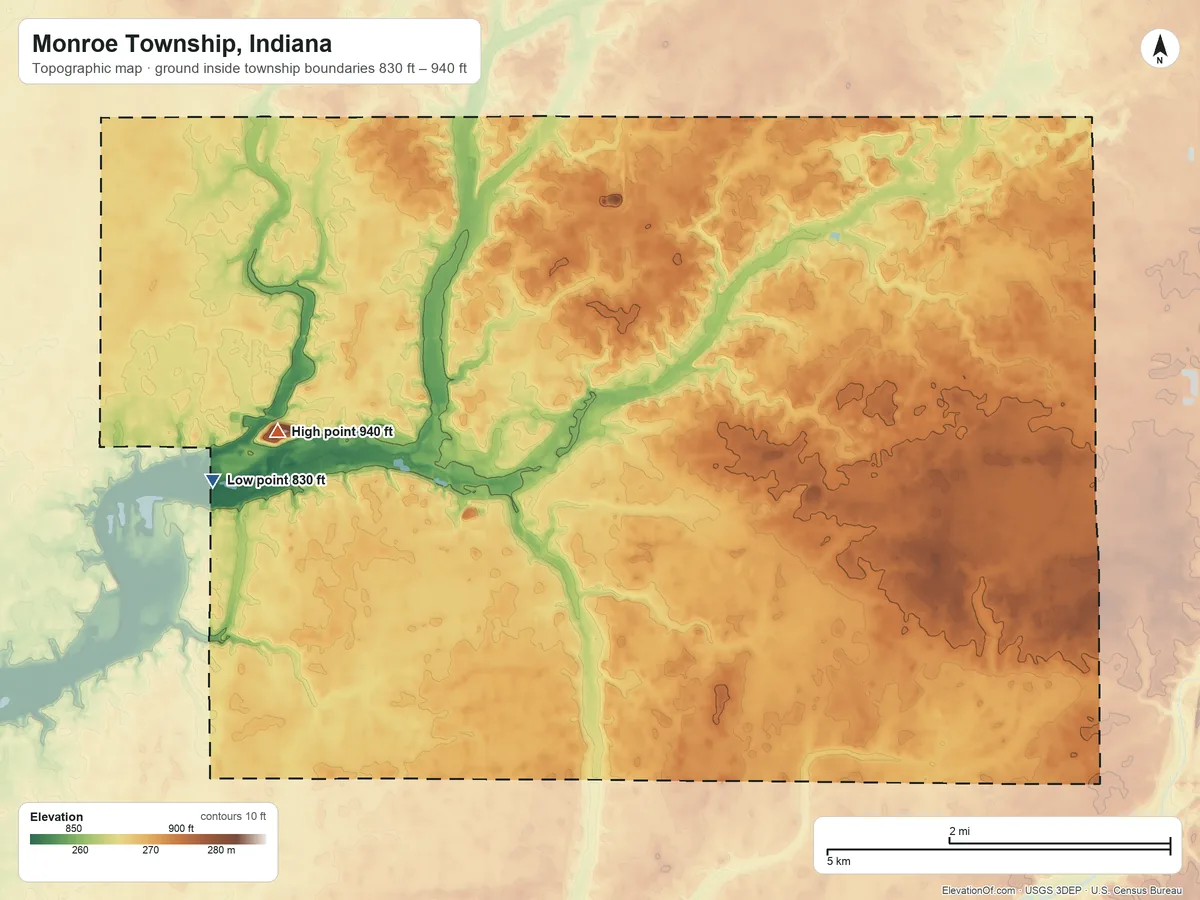 Topographic elevation map of Monroe Township, Indiana, shaded from 830 ft on the west side to 940 ft on the west side