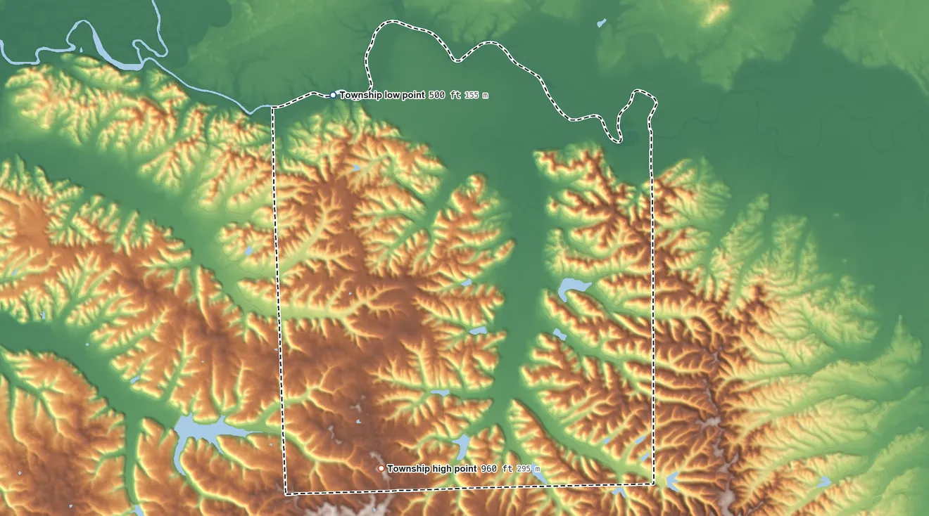 Topographic elevation map of Monroe Township, Washington County, Indiana, shaded from 500 ft on the north side to 960 ft on the south side