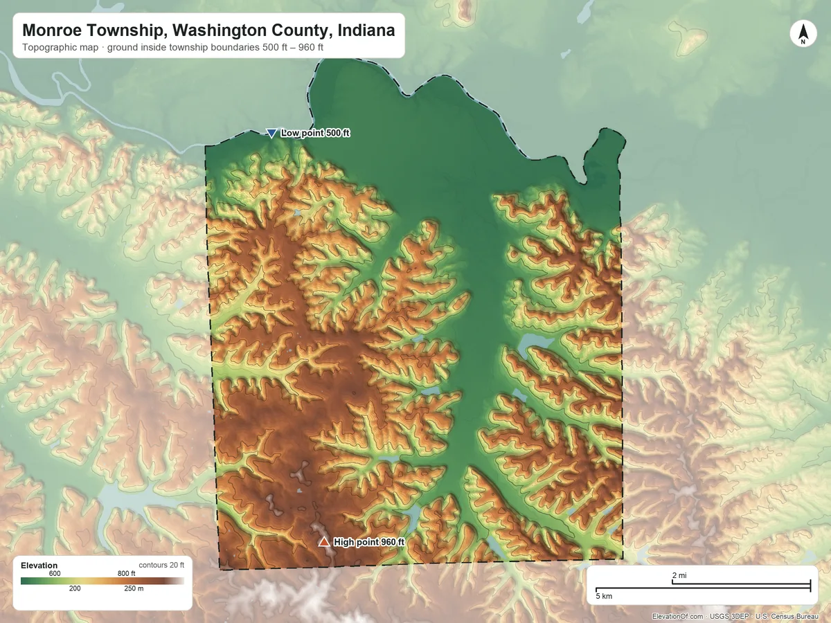 Topographic elevation map of Monroe Township, Washington County, Indiana, shaded from 500 ft on the north side to 960 ft on the south side
