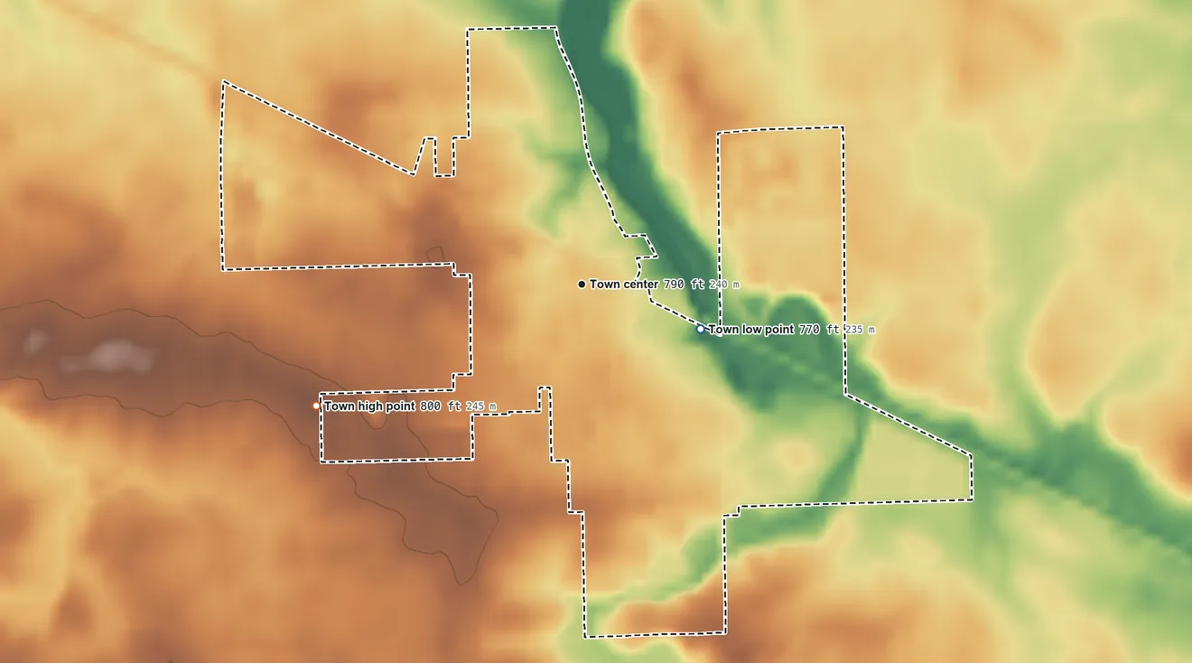 Topographic elevation map of Monroeville, Indiana, shaded from 770 ft on the east side to 800 ft on the southwest side