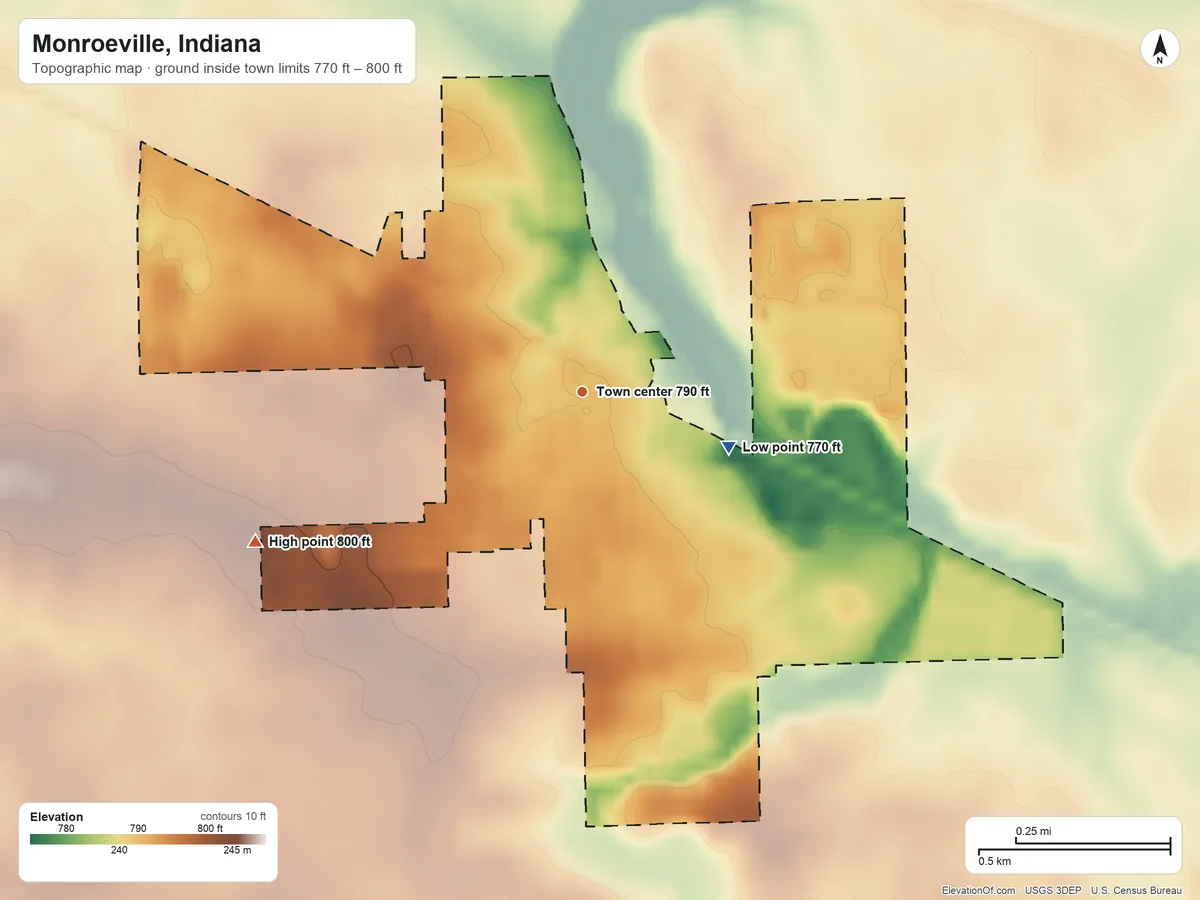 Topographic elevation map of Monroeville, Indiana, shaded from 770 ft on the east side to 800 ft on the southwest side