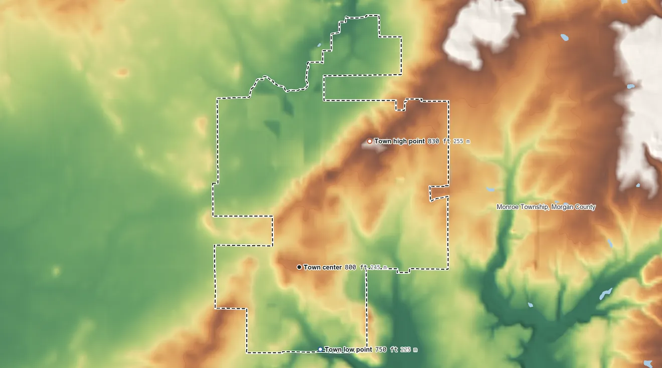 Topographic elevation map of Monrovia, Indiana, shaded from 750 ft on the south side to 830 ft on Maxwell Hill