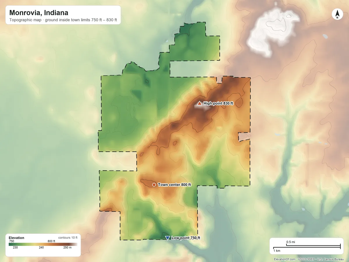 Topographic elevation map of Monrovia, Indiana, shaded from 750 ft on the south side to 830 ft on Maxwell Hill