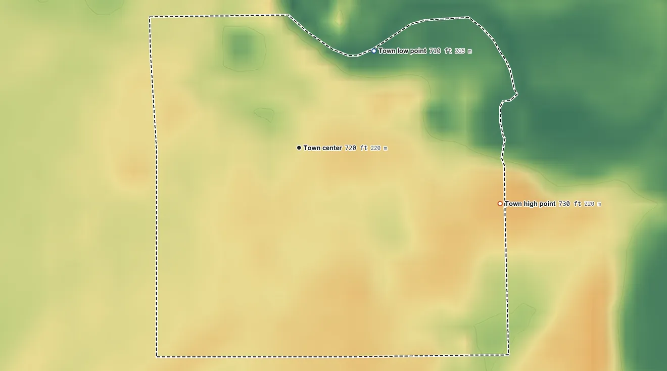 Topographic elevation map of Monterey, Indiana, shaded from 710 ft on the northeast side to 730 ft on the east side