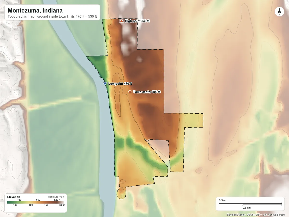 Topographic elevation map of Montezuma, Indiana, shaded from 470 ft on the west side to 530 ft on the north side