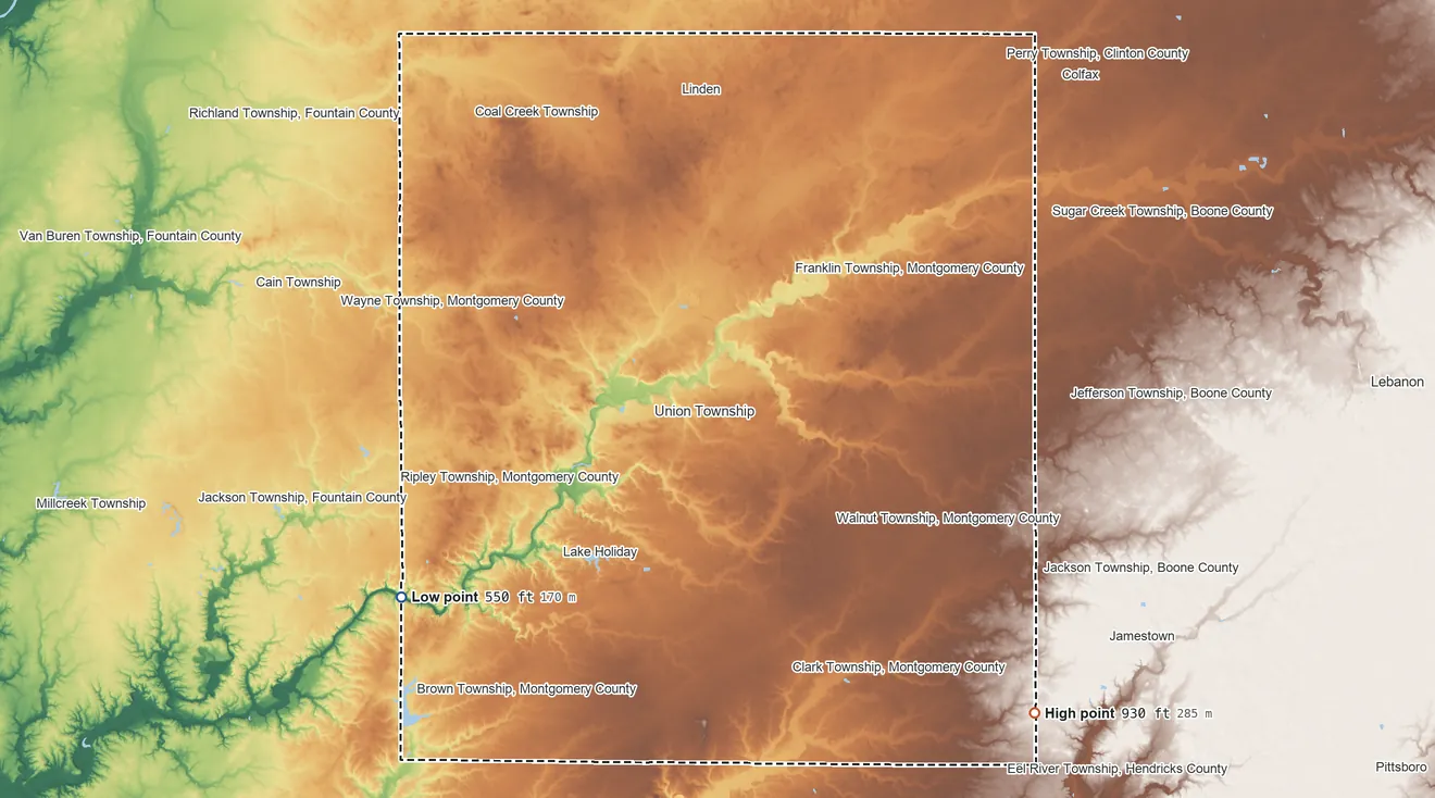 Topographic elevation map of Montgomery County, Indiana, shaded from 550 ft on the southwest side to 930 ft on the southeast side