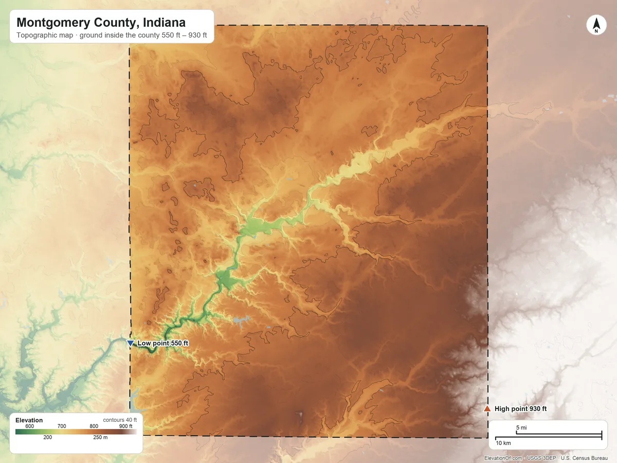 Topographic elevation map of Montgomery County, Indiana, shaded from 550 ft on the southwest side to 930 ft on the southeast side