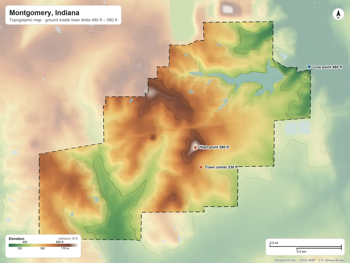Topographic elevation map of Montgomery, Indiana, shaded from 480 ft on the northeast side to 580 ft near the middle