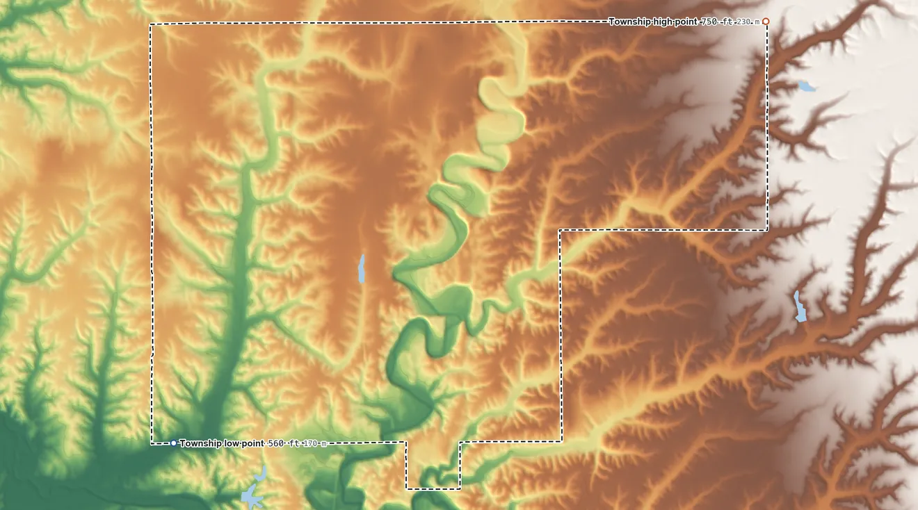 Topographic elevation map of Montgomery Township, Jennings County, Indiana, shaded from 560 ft on the southwest side to 750 ft on the northeast side