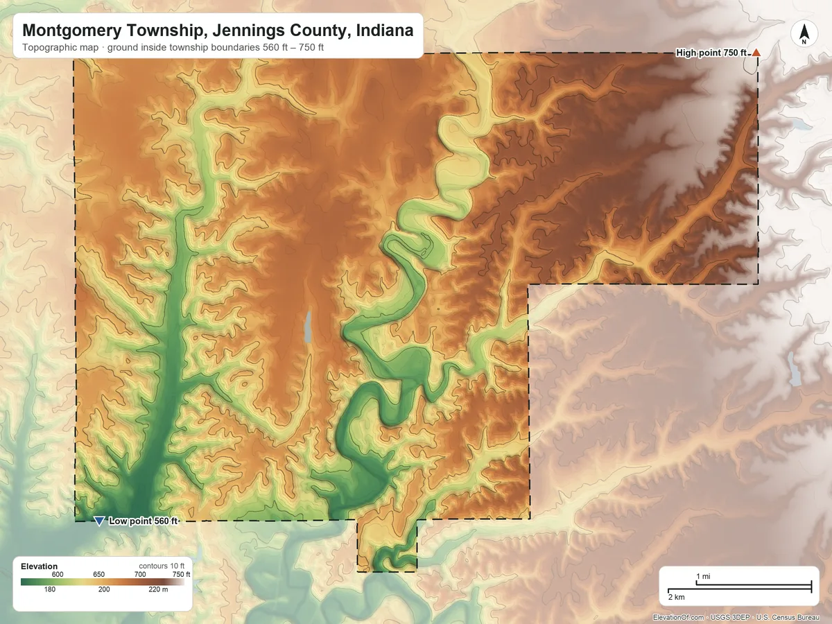 Topographic elevation map of Montgomery Township, Jennings County, Indiana, shaded from 560 ft on the southwest side to 750 ft on the northeast side
