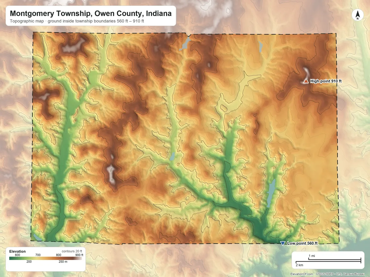 Topographic elevation map of Montgomery Township, Owen County, Indiana, shaded from 560 ft on the southeast side to 910 ft on the northeast side
