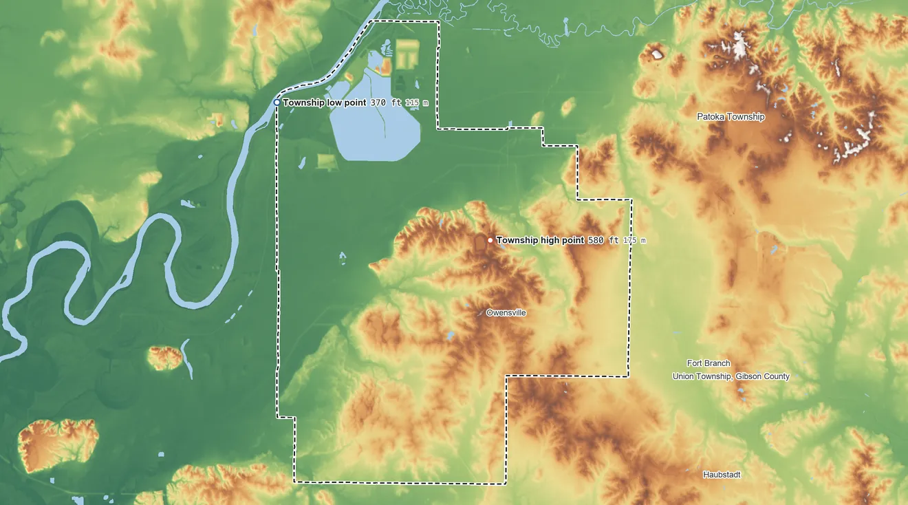 Topographic elevation map of Montgomery Township, Indiana, shaded from 370 ft on the northwest side to 580 ft on the north side