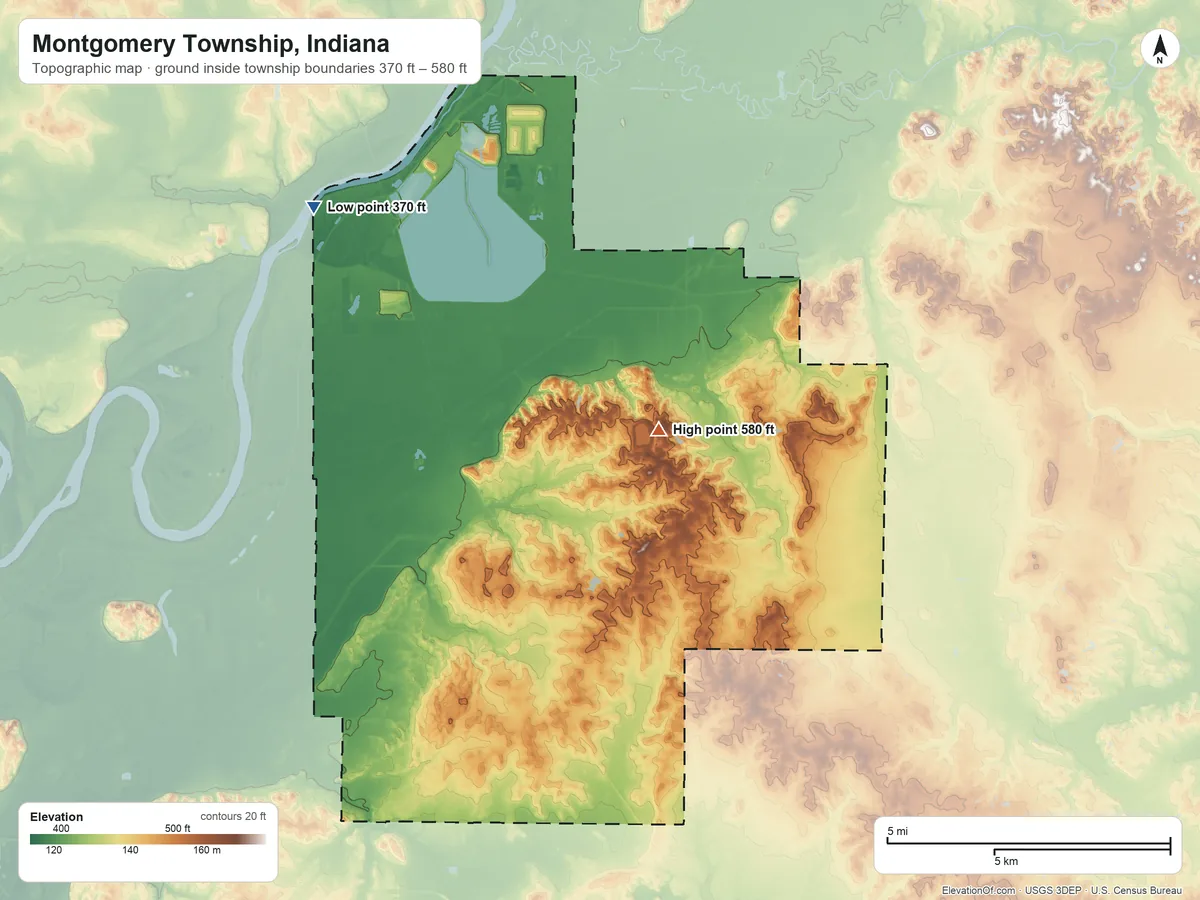Topographic elevation map of Montgomery Township, Indiana, shaded from 370 ft on the northwest side to 580 ft on the north side