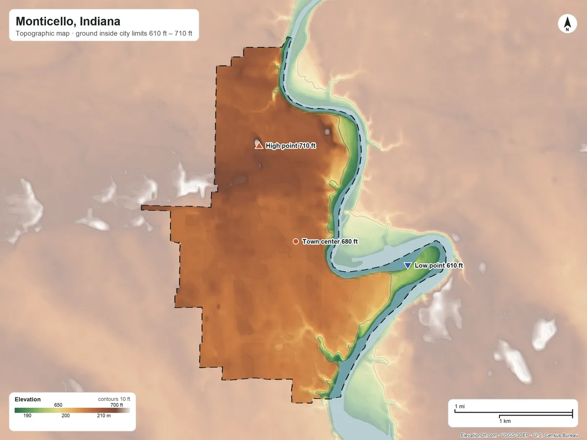 Topographic elevation map of Monticello, Indiana, shaded from 610 ft on the east side to 710 ft on the north side