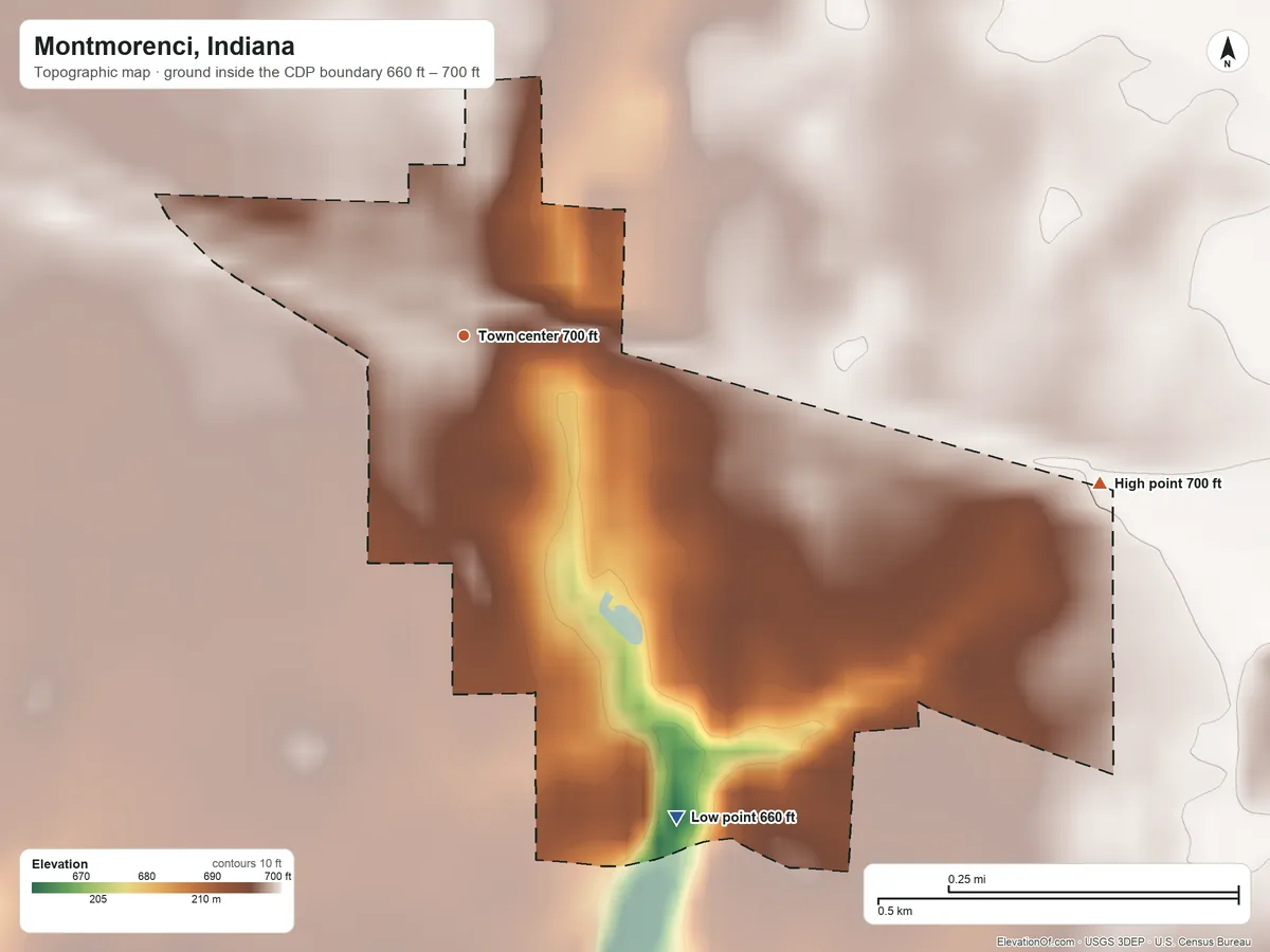 Topographic elevation map of Montmorenci, Indiana, shaded from 660 ft on the southeast side to 700 ft on the east side