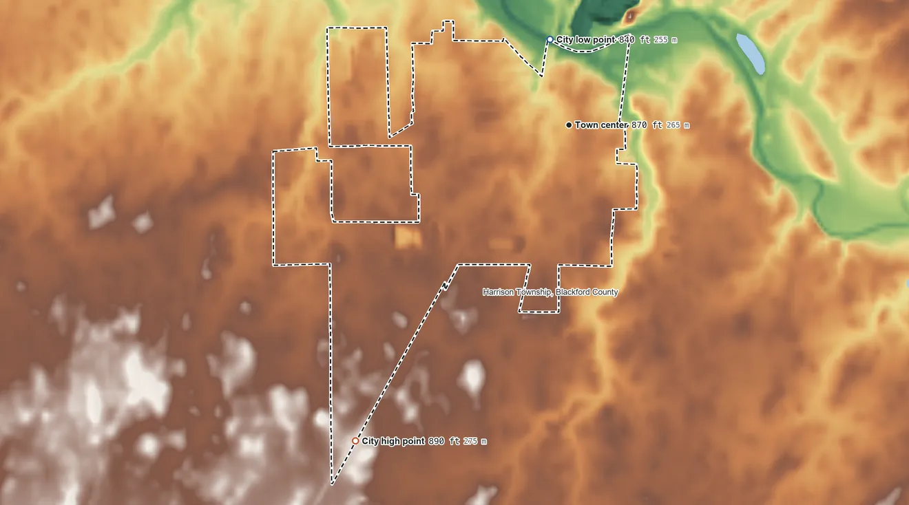 Topographic elevation map of Montpelier, Indiana, shaded from 840 ft on the north side to 890 ft on the southwest side