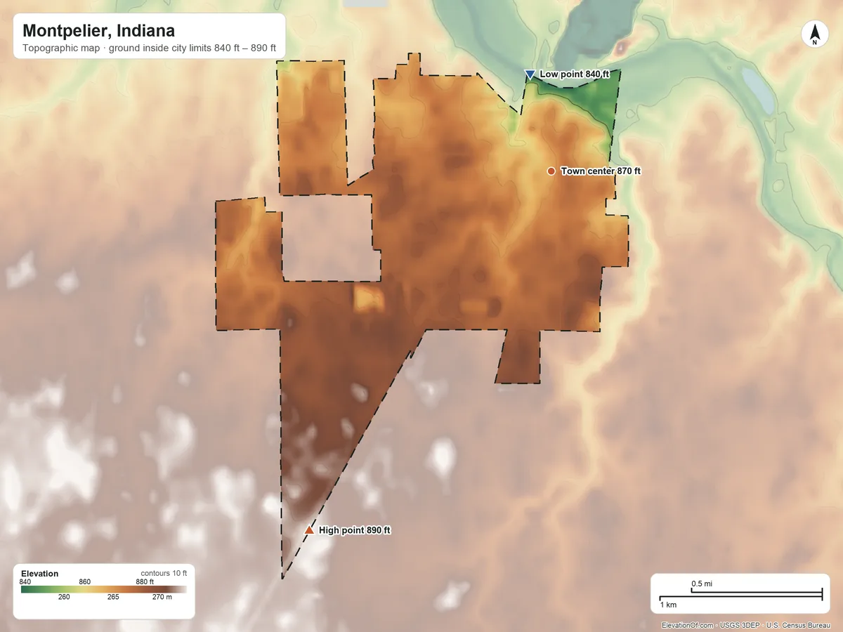 Topographic elevation map of Montpelier, Indiana, shaded from 840 ft on the north side to 890 ft on the southwest side