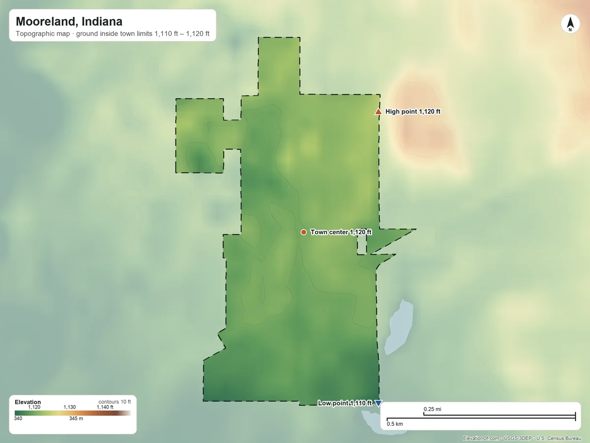 Topographic elevation map of Mooreland, Indiana, shaded from 1,110 ft on the southeast side to 1,120 ft on the northeast side