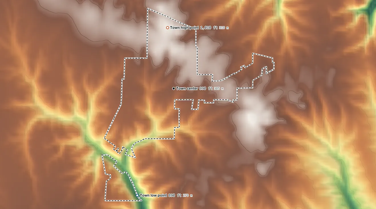 Topographic elevation map of Moores Hill, Indiana, shaded from 890 ft on the south side to 1,010 ft on the north side