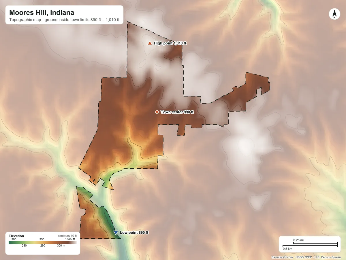 Topographic elevation map of Moores Hill, Indiana, shaded from 890 ft on the south side to 1,010 ft on the north side
