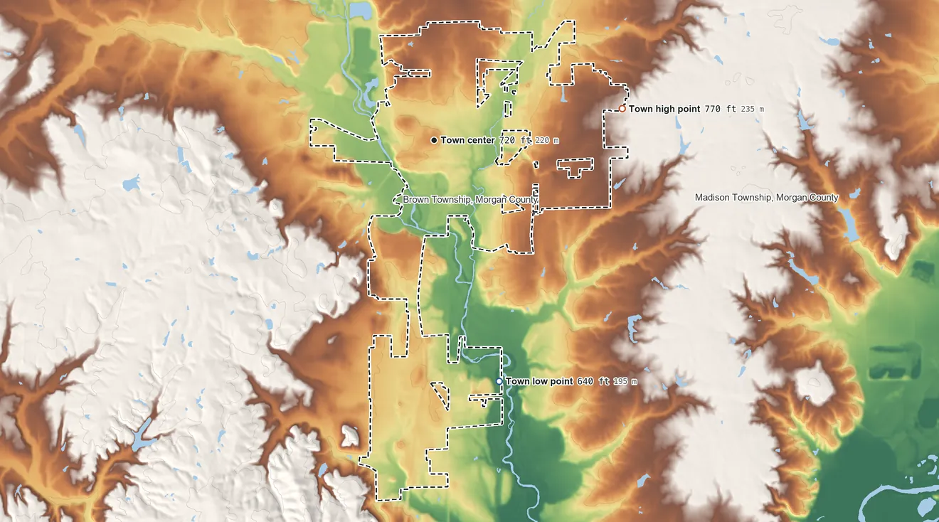 Topographic elevation map of Mooresville, Indiana, shaded from 640 ft on the south side to 770 ft on the east side